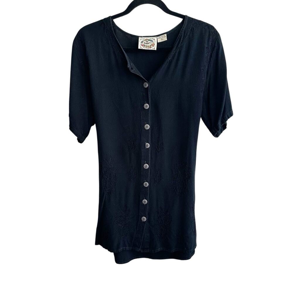 24 Karat Vintage Rayon Embroidered Button Up Tunic Top with Tie Back Large